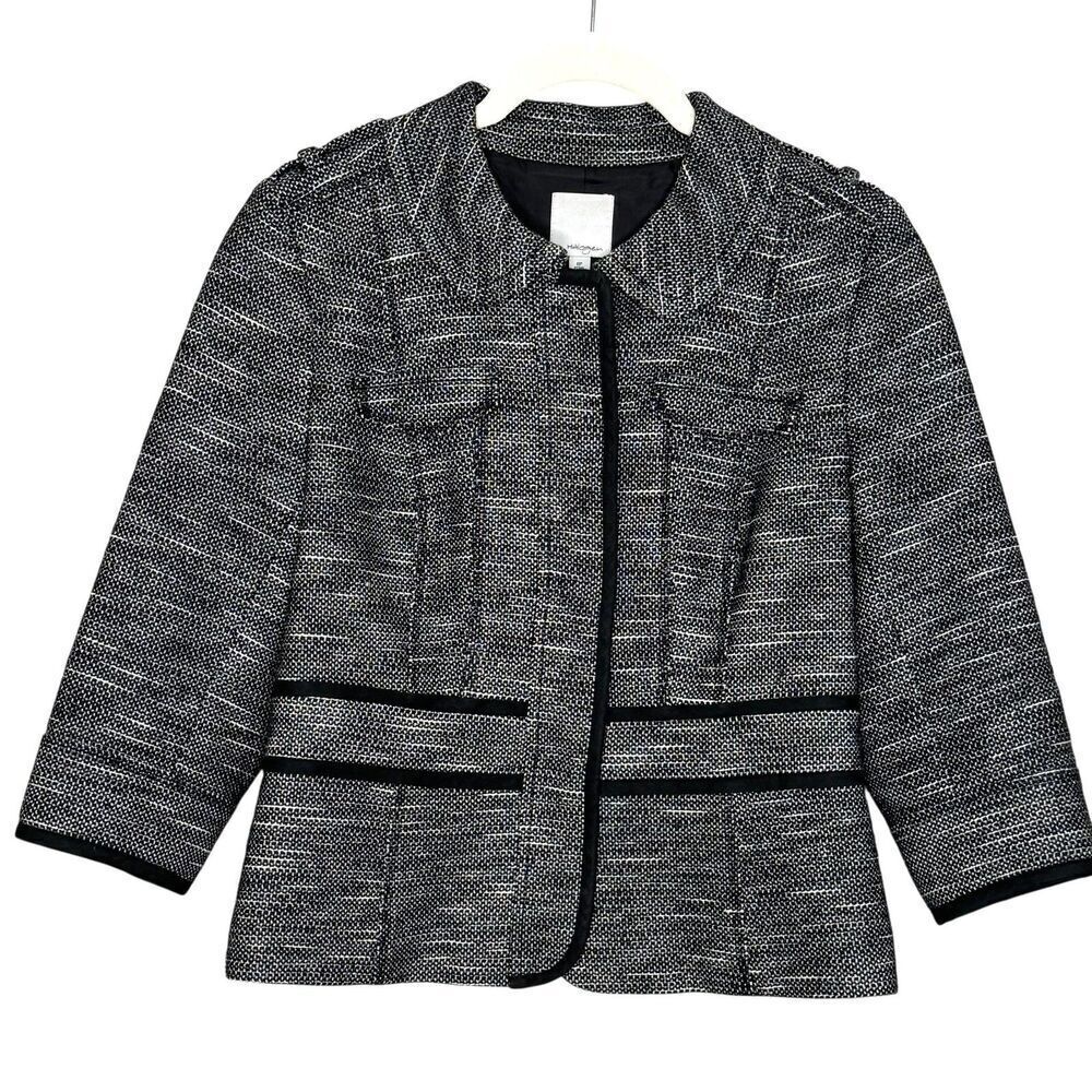 Halogen Jacket Womens 6P Petite Black White Tweed Lined Cropped 3/4 Sleeve Piped